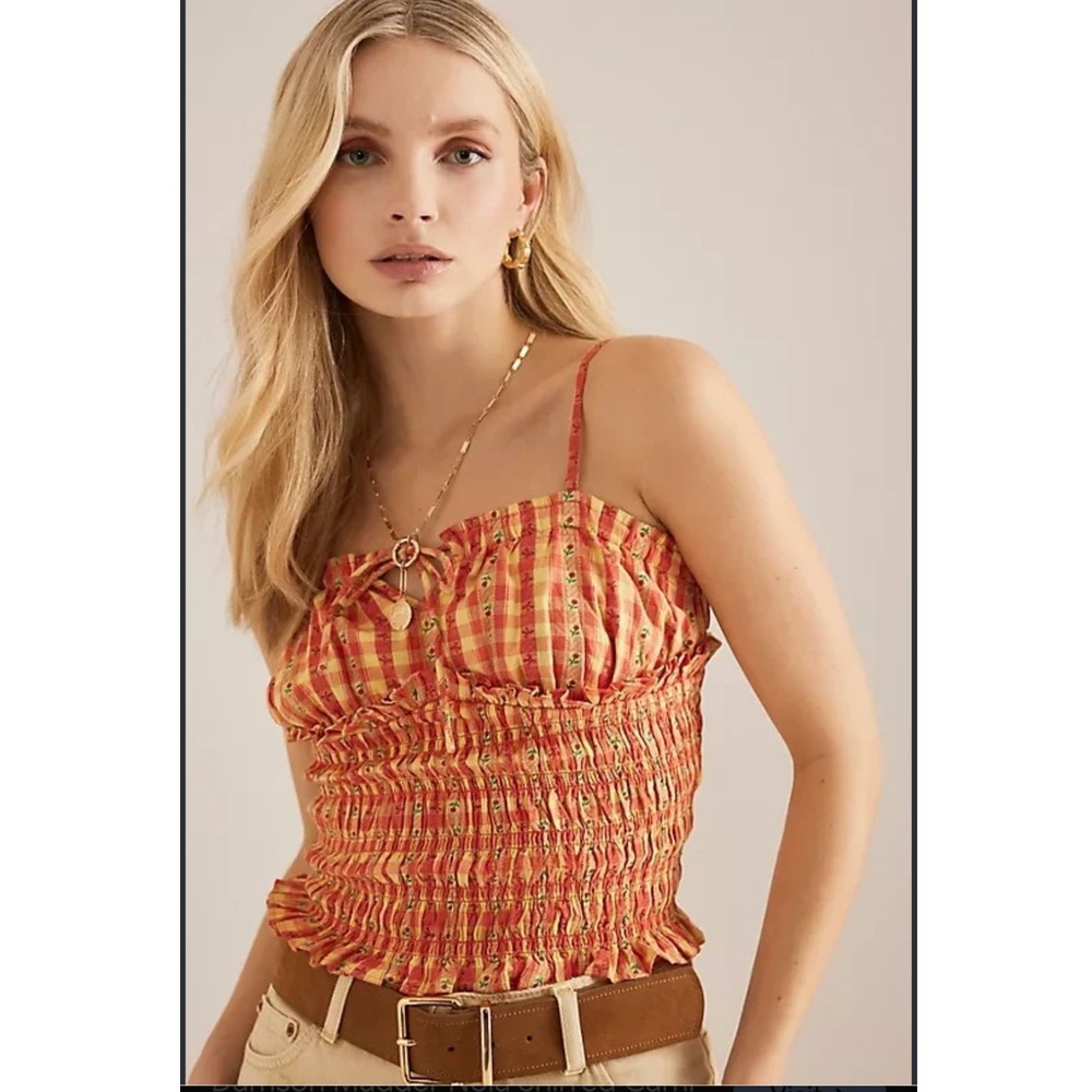 Damson Madder Womens 14 Nola Shirred Cami Top Gingham Smocked Organic Cotton
